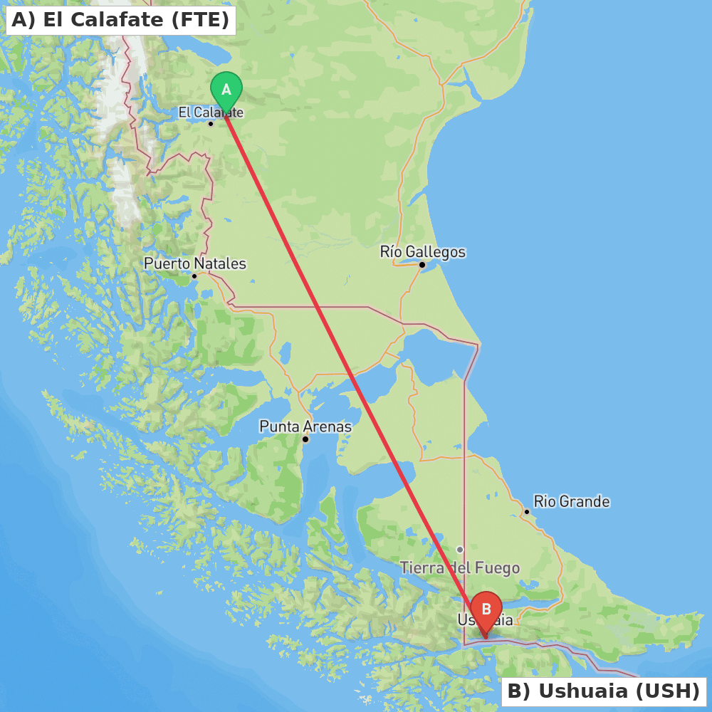 Flight route map from El Calafate to Ushuaia