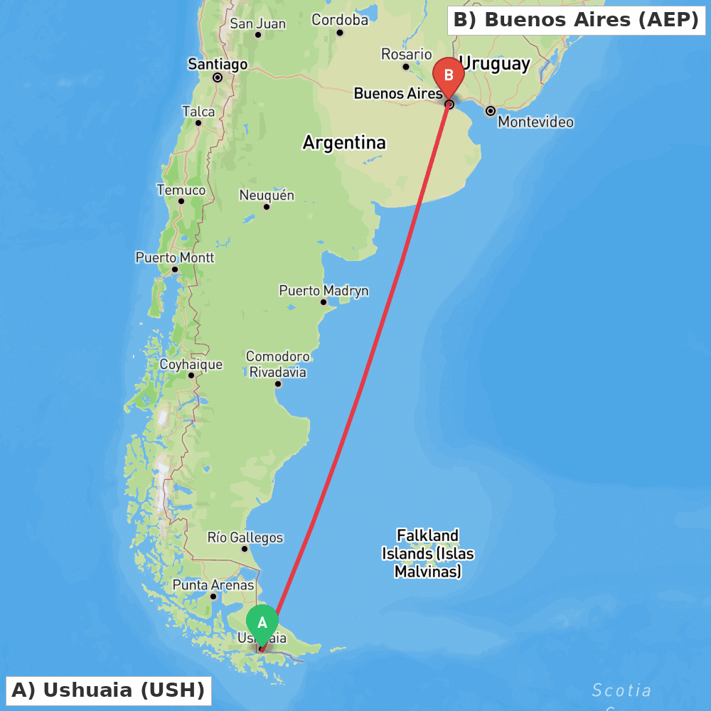 Flight route map from Ushuaia to Buenos Aires