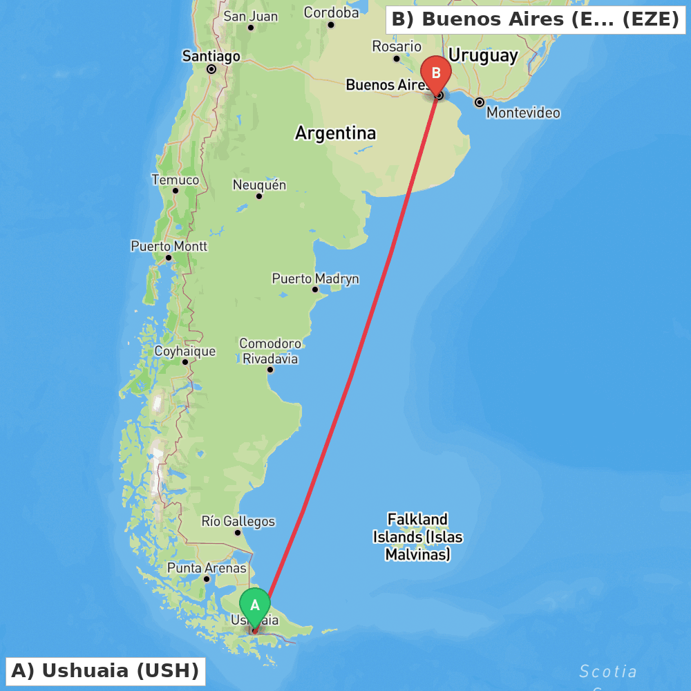 Flight route map from Ushuaia to Buenos Aires (Ezeiza)