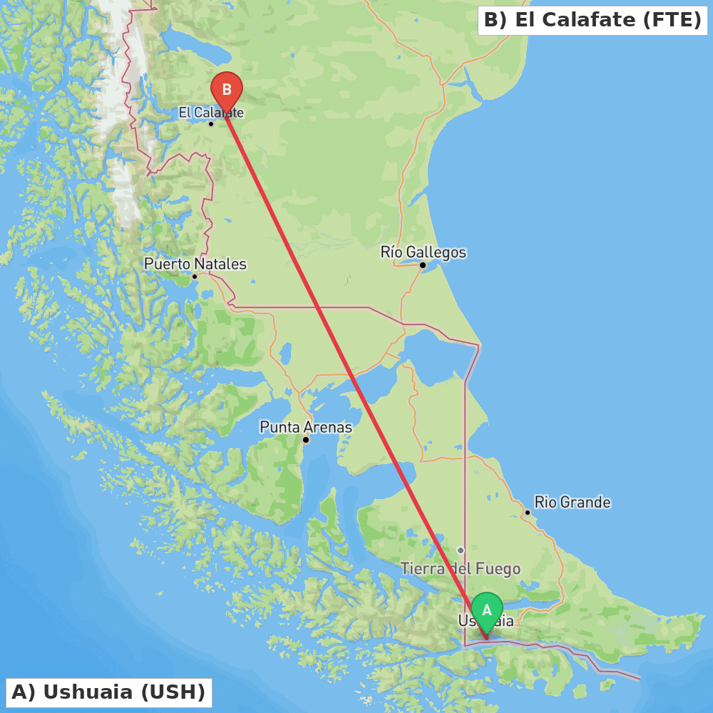 Flight route map from Ushuaia to El Calafate
