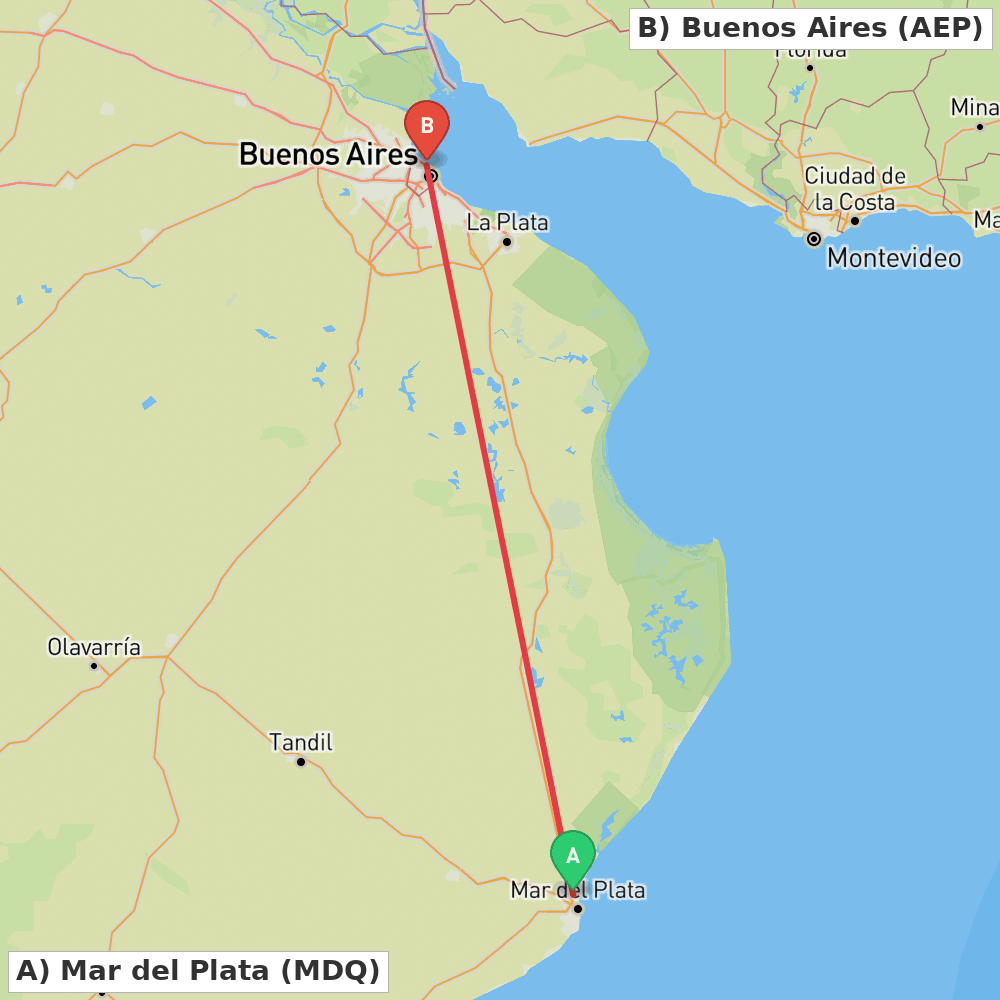 Flight route map from Mar del Plata to Buenos Aires