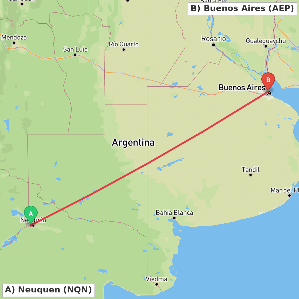 Flight route map from Neuquen to Buenos Aires