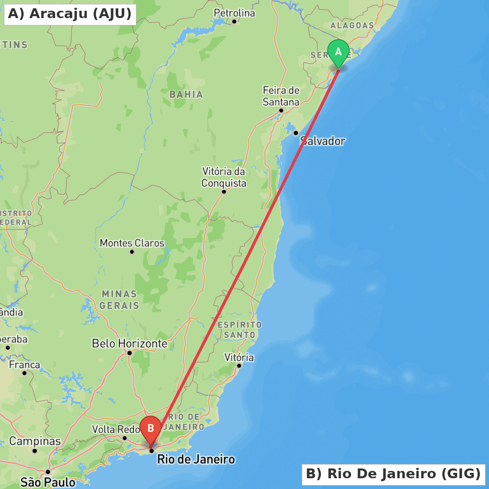 Flight route map from Aracaju to Rio De Janeiro