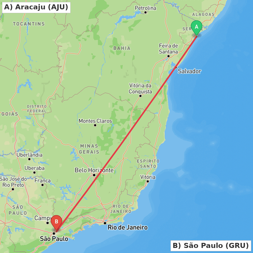 Flight route map from Aracaju to São Paulo