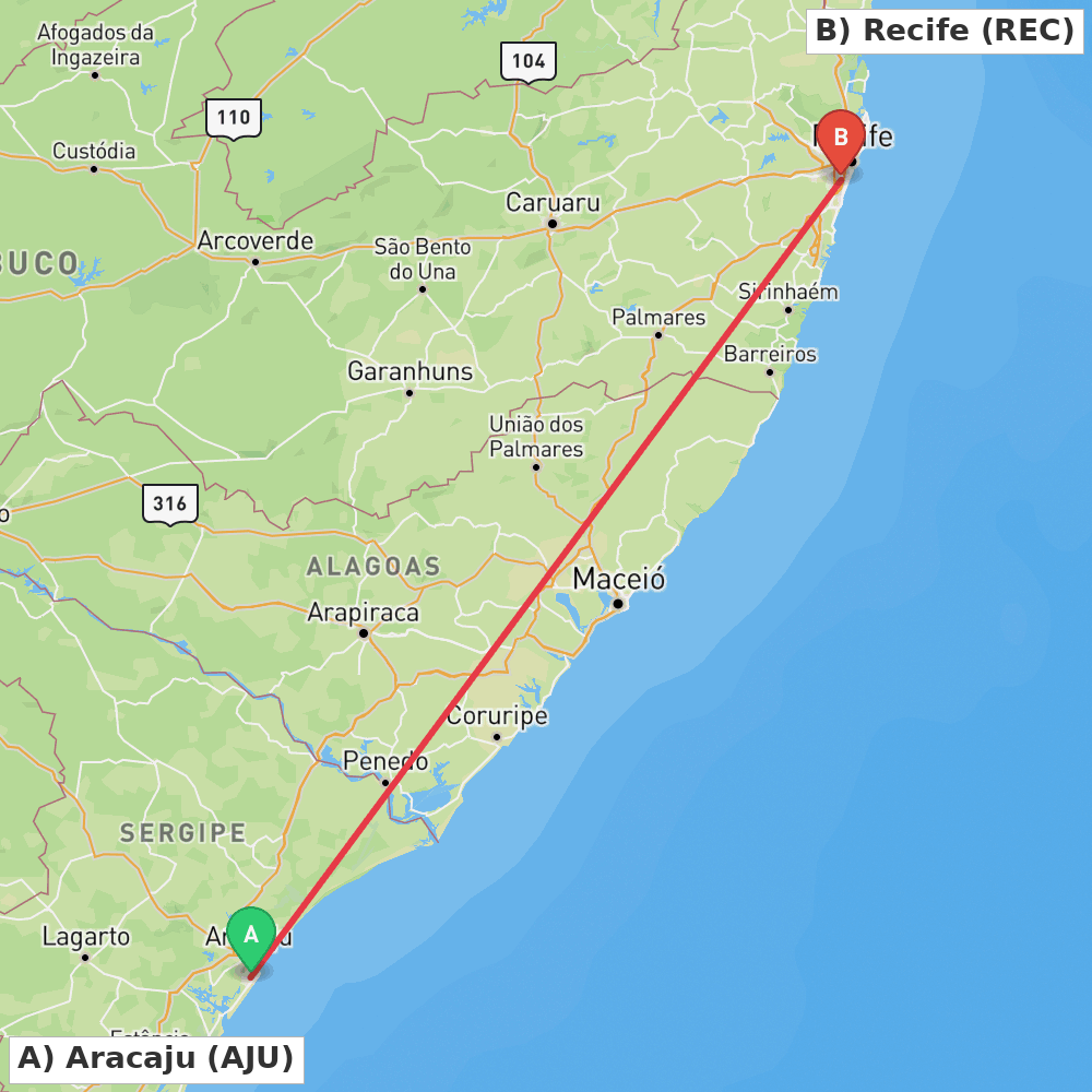 Flight route map from Aracaju to Recife