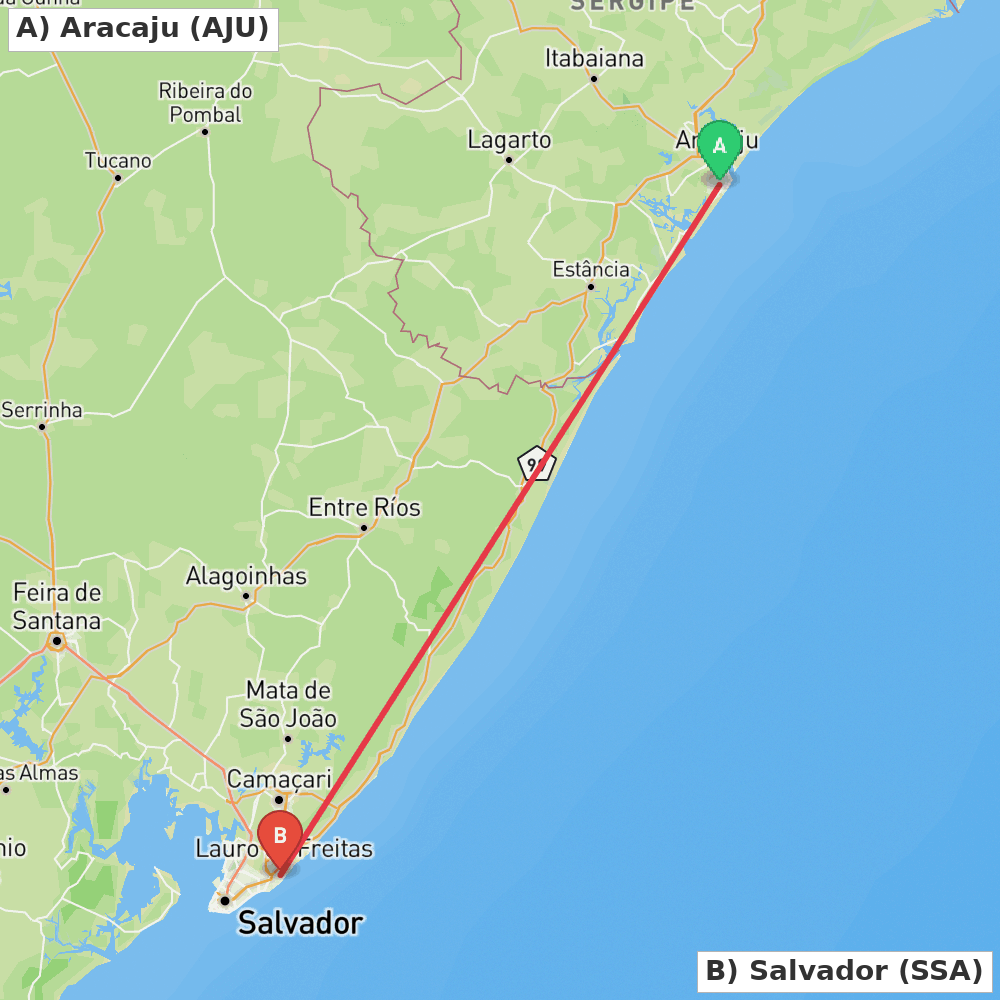Flight route map from Aracaju to Salvador