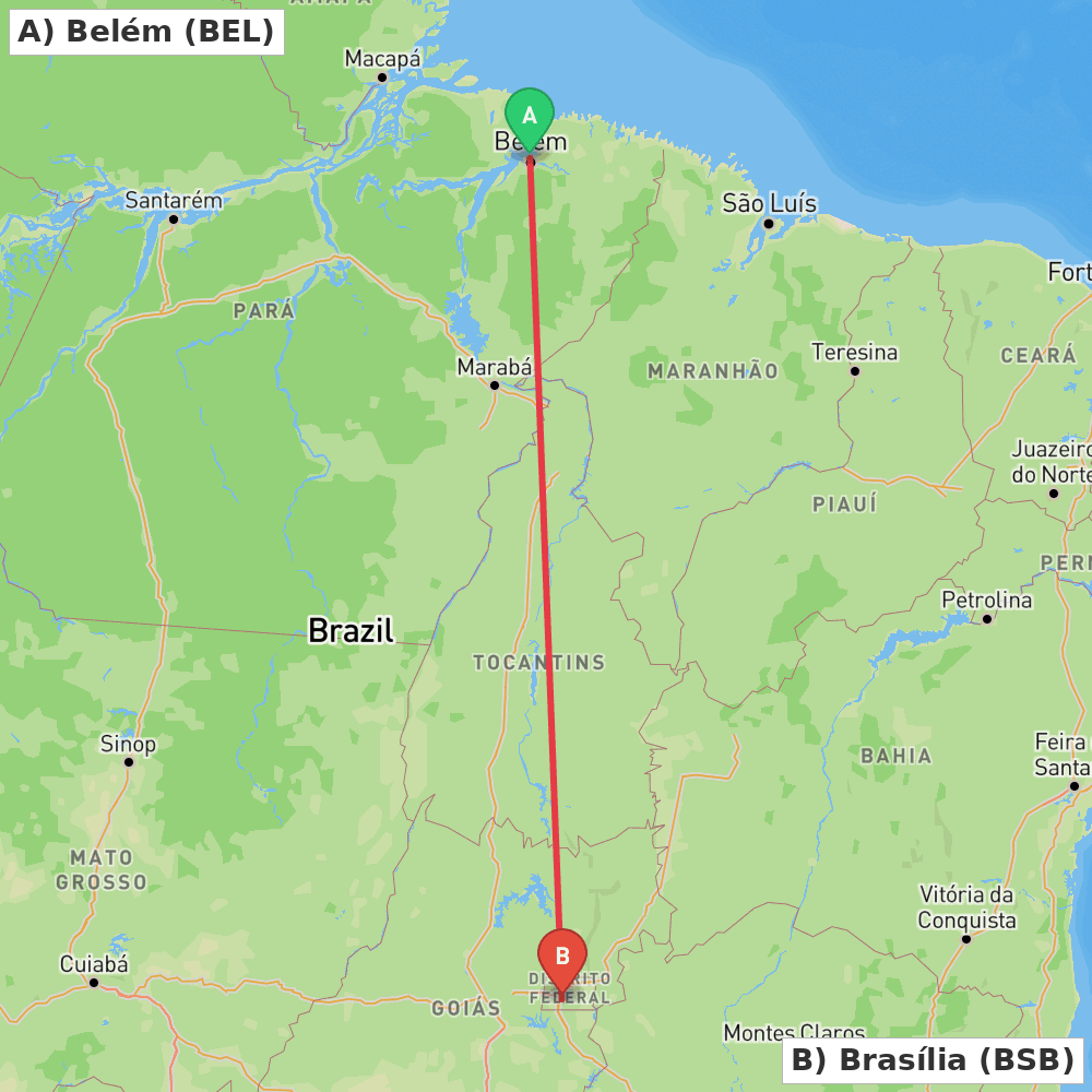 Flight route map from Belém to Brasília