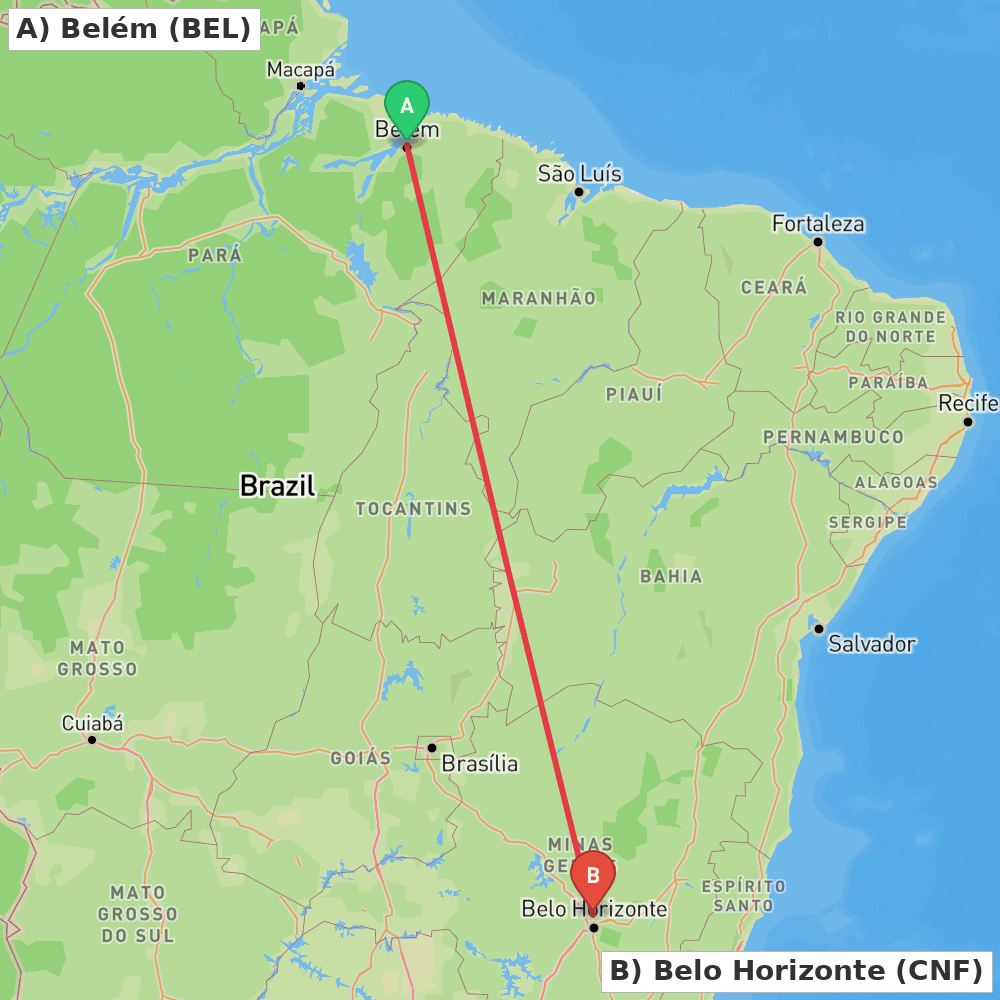 Flight route map from Belém to Belo Horizonte