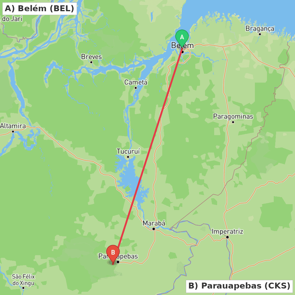 Flight route map from Belém to Parauapebas
