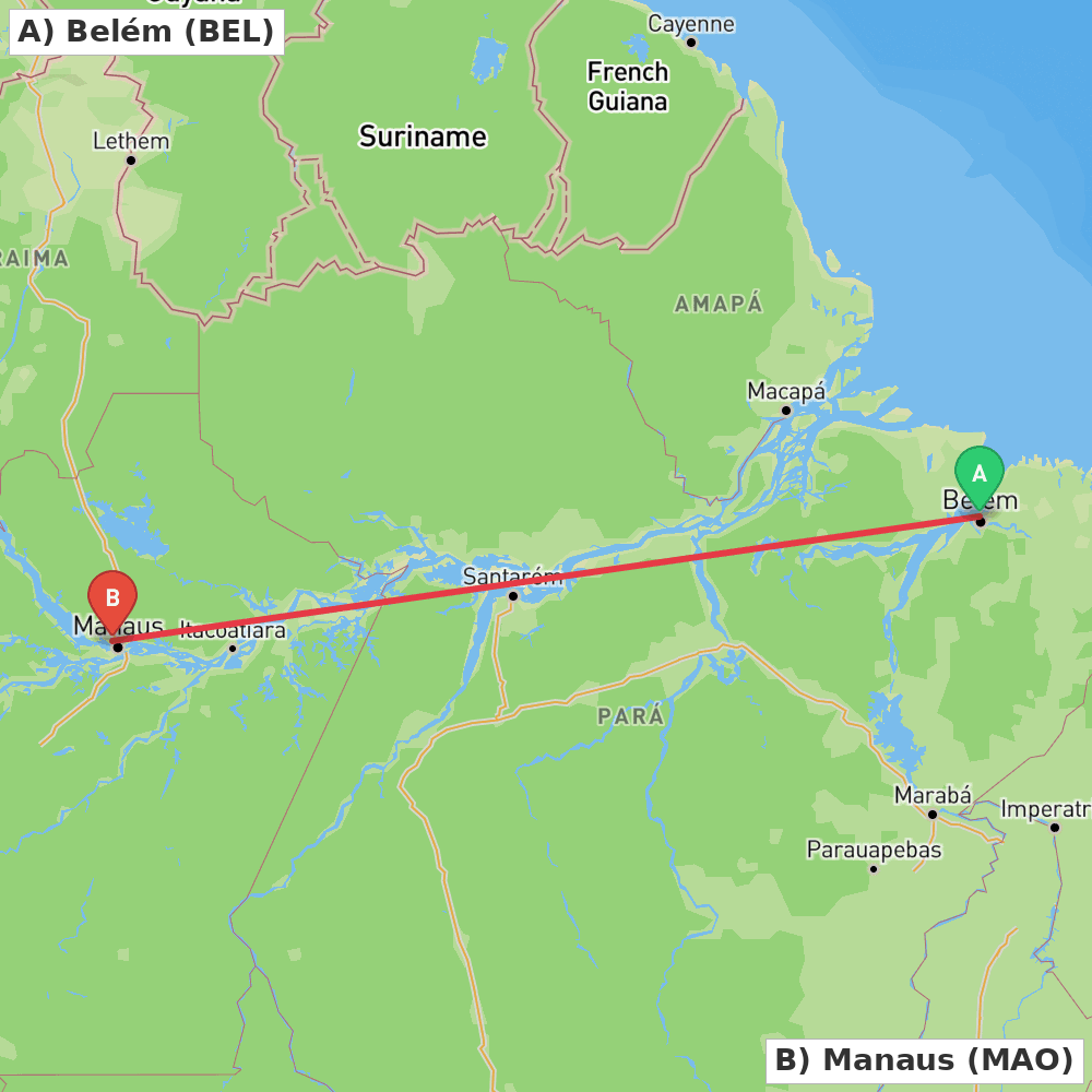 Flight route map from Belém to Manaus