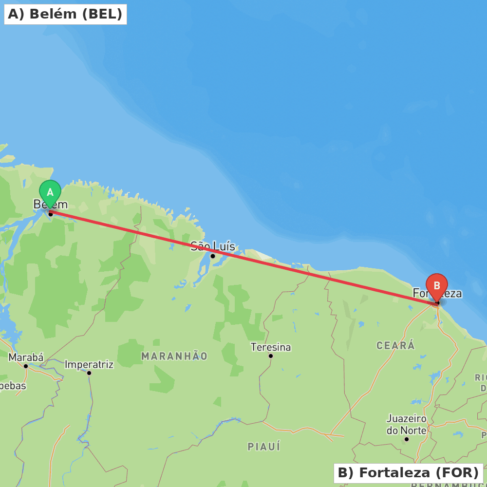 Flight route map from Belém to Fortaleza