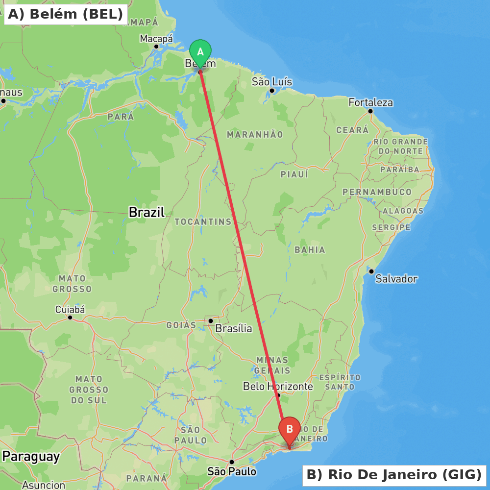 Flight route map from Belém to Rio De Janeiro