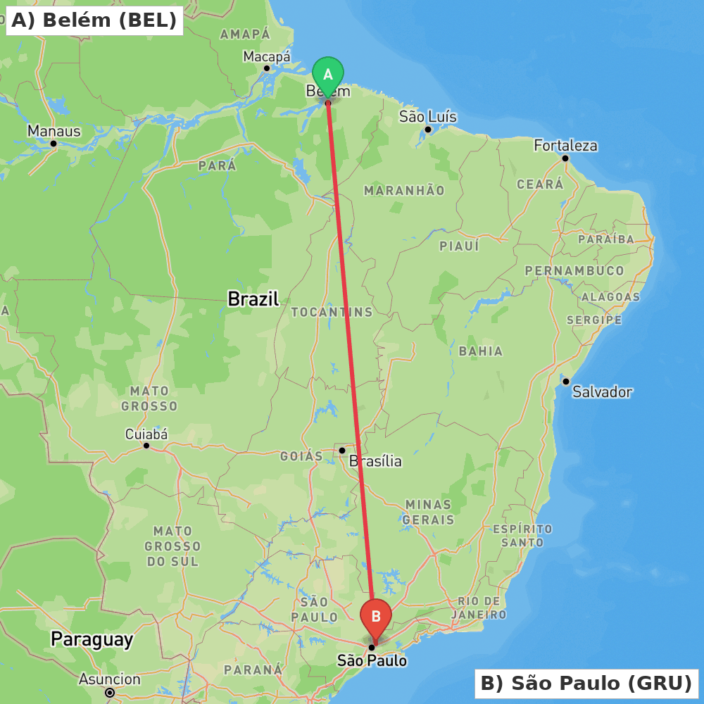 Flight route map from Belém to São Paulo