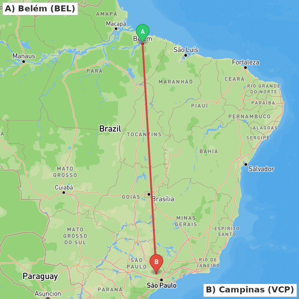 Flight route map from Belém to Campinas