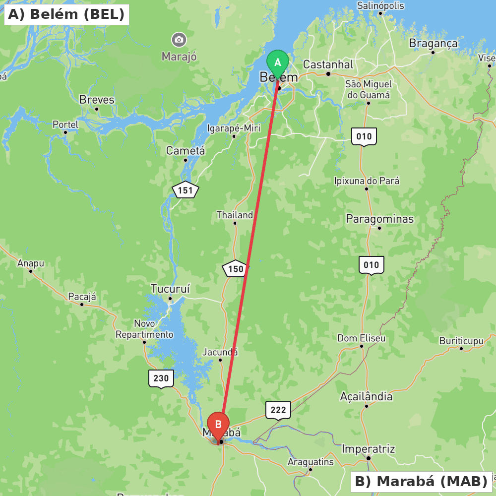 Flight route map from Belém to Marabá