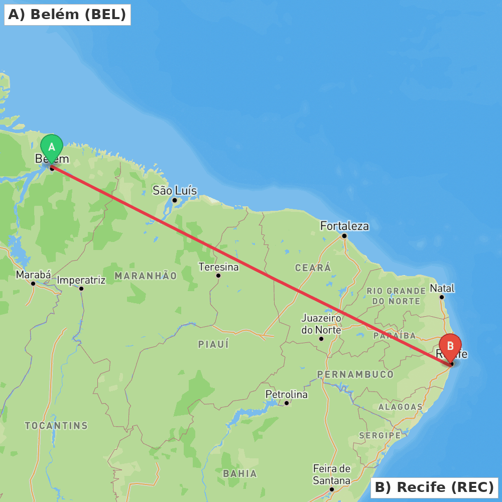 Flight route map from Belém to Recife