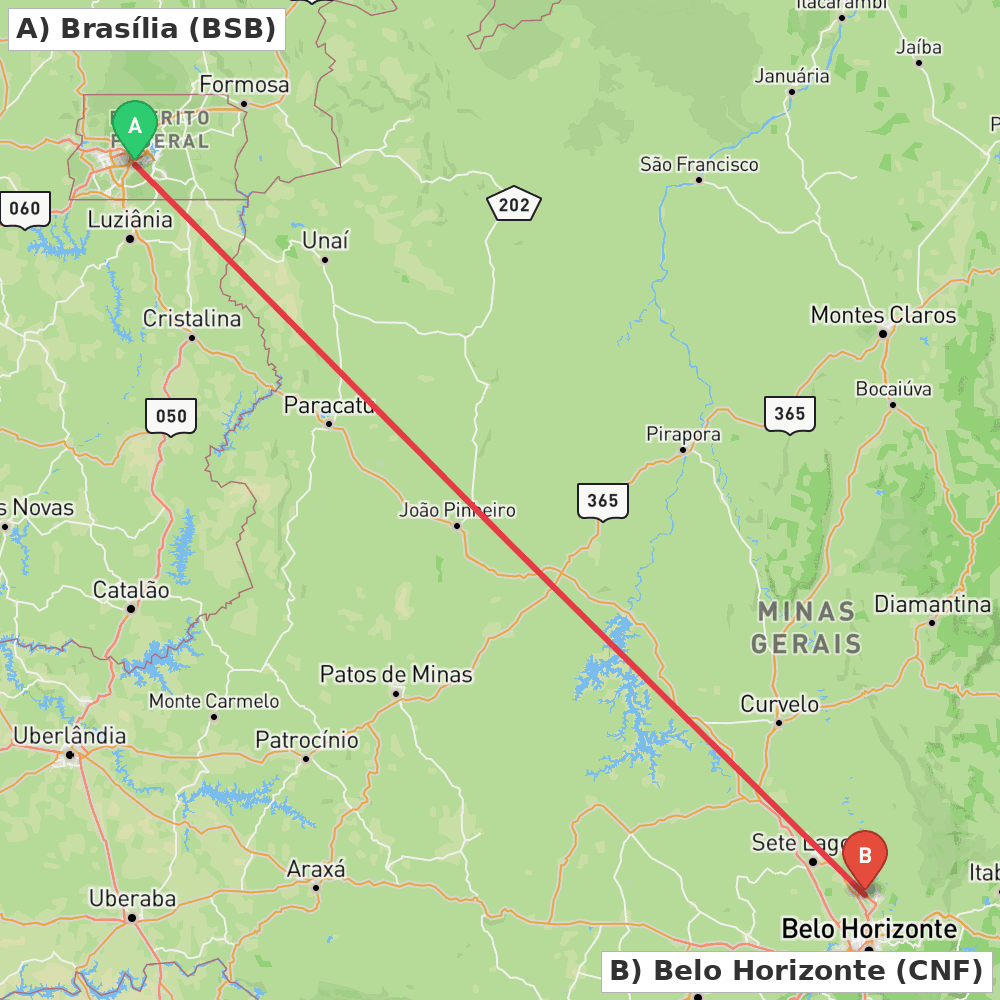 Flight route map from Brasília to Belo Horizonte