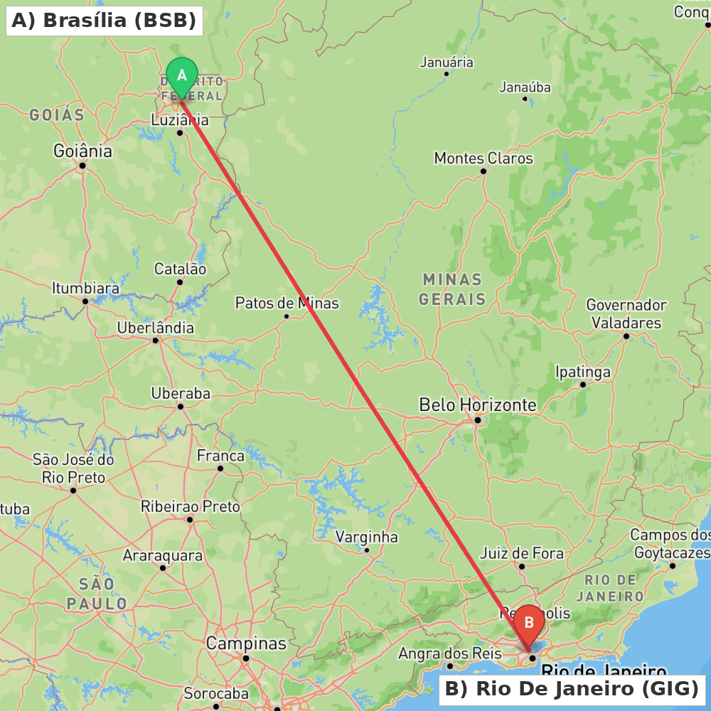 Flight route map from Brasília to Rio De Janeiro
