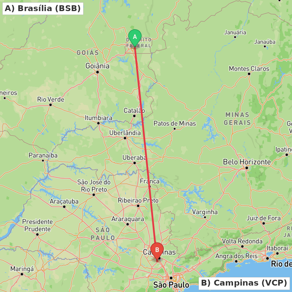 Flight route map from Brasília to Campinas