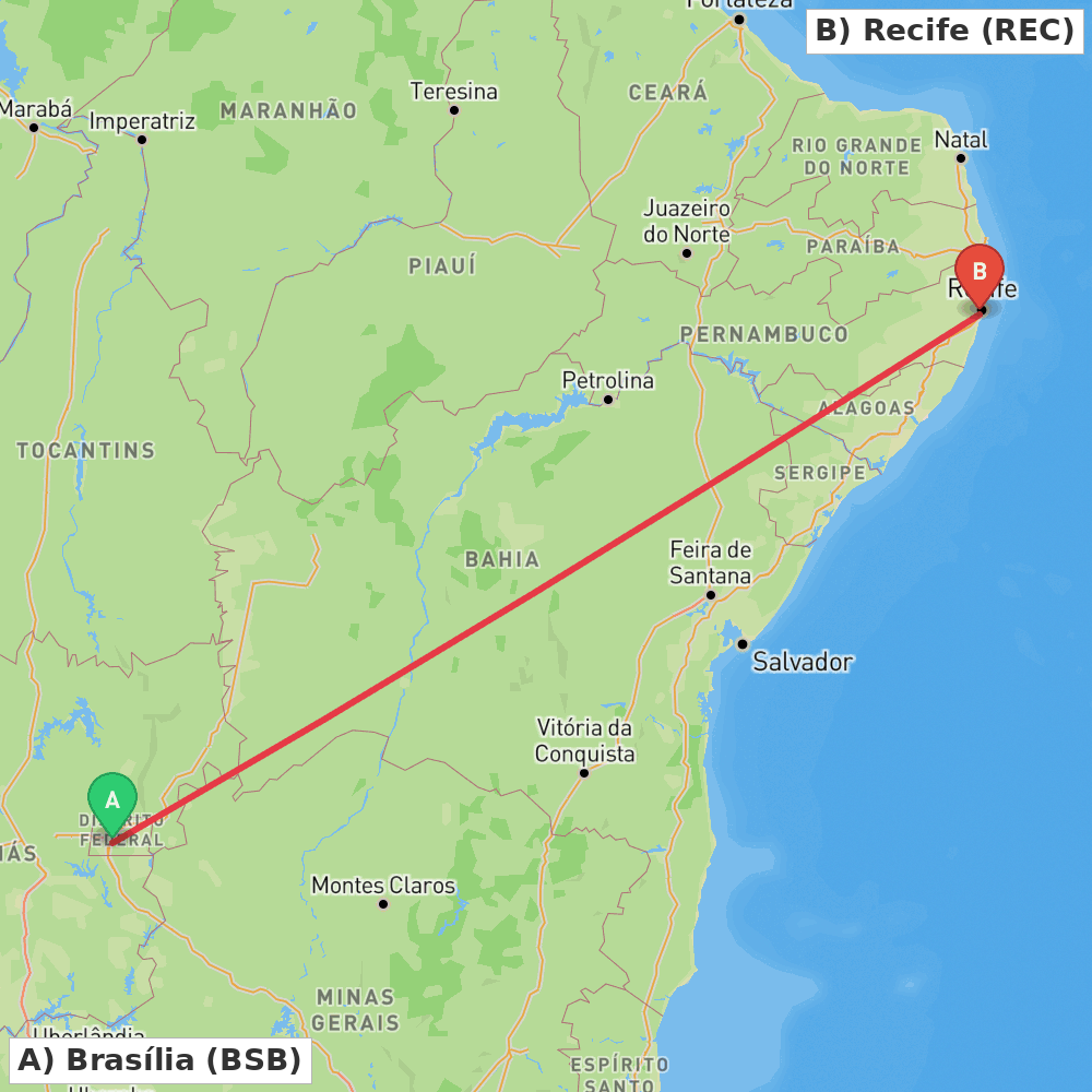 Flight route map from Brasília to Recife