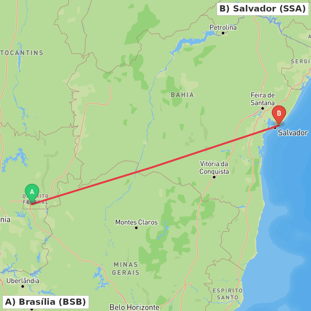 Flight route map from Brasília to Salvador