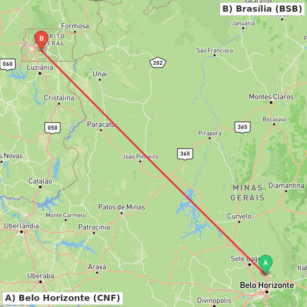 Flight route map from Belo Horizonte to Brasília