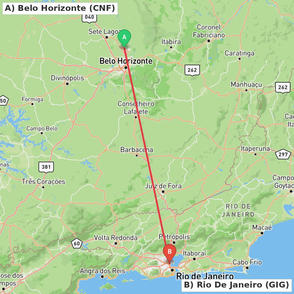 Flight route map from Belo Horizonte to Rio De Janeiro