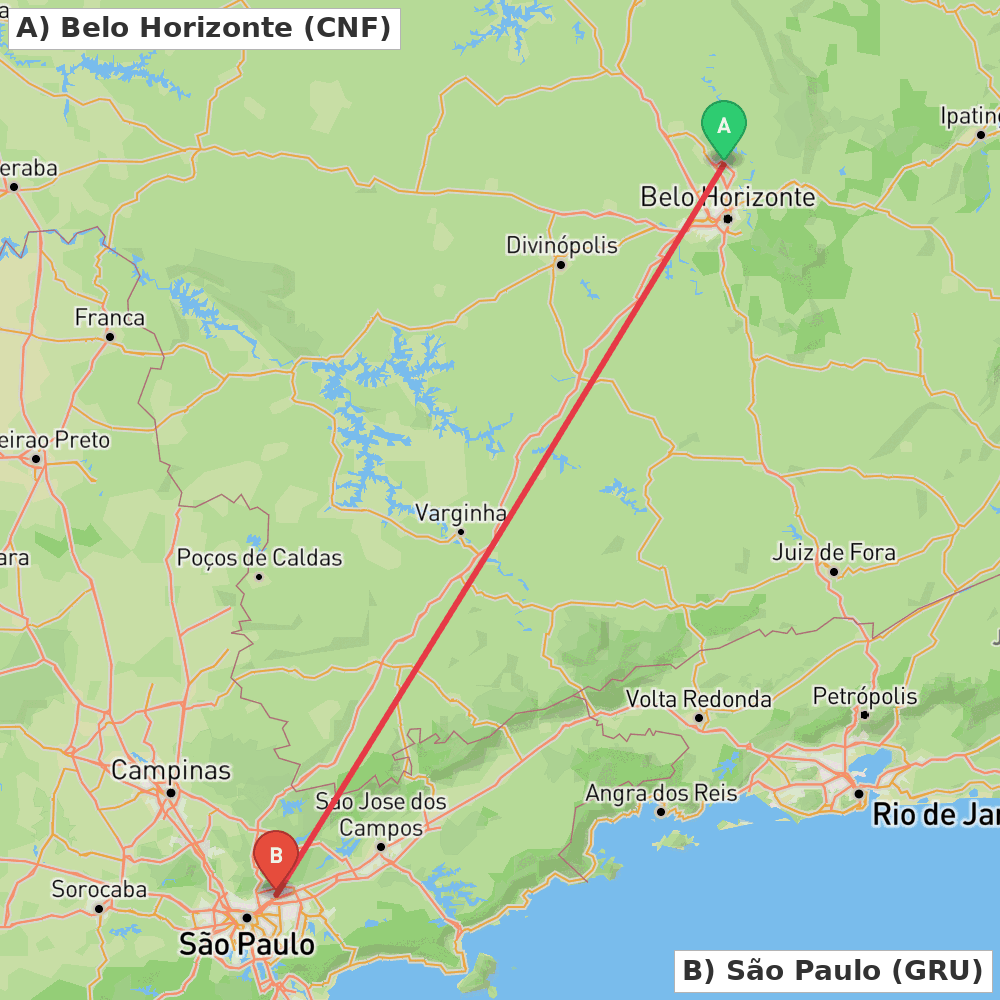 Flight route map from Belo Horizonte to São Paulo