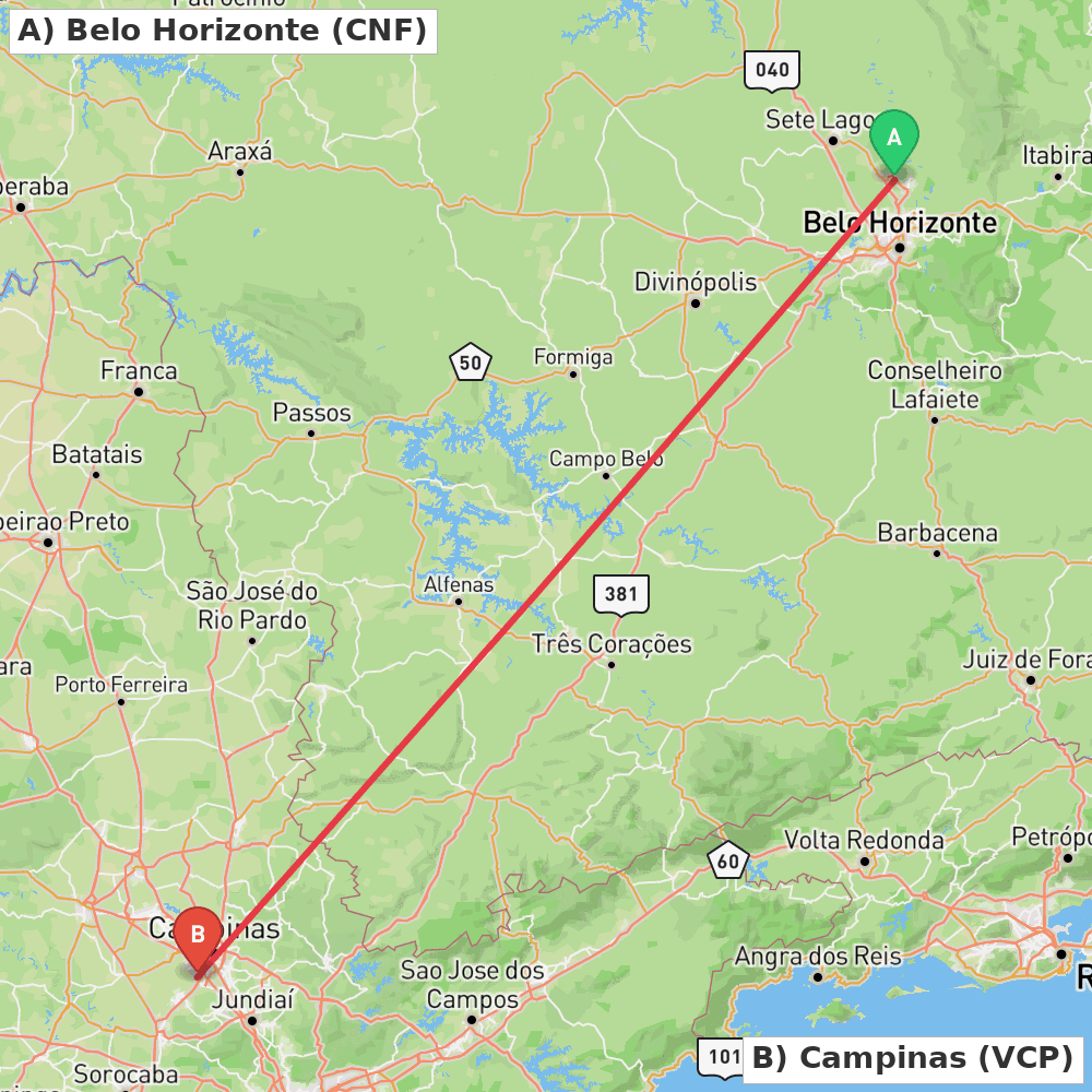 Flight route map from Belo Horizonte to Campinas