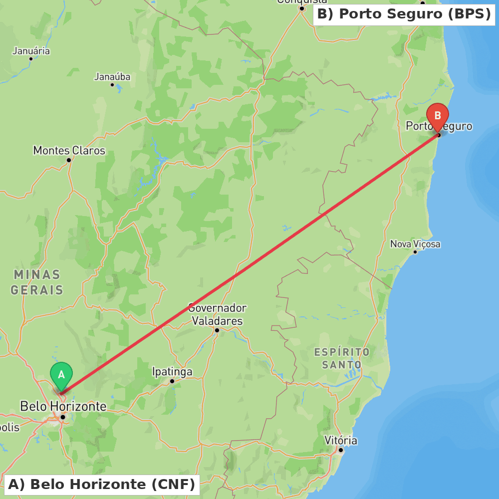 Flight route map from Belo Horizonte to Porto Seguro