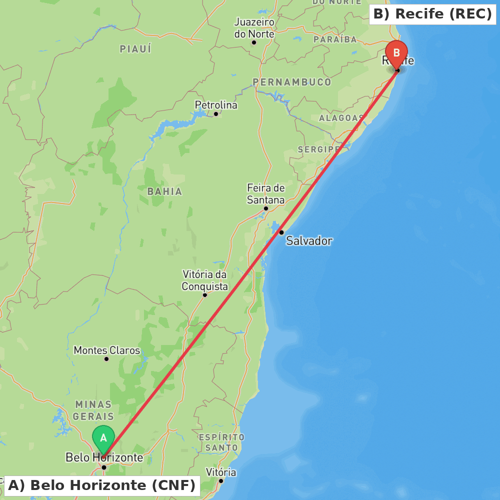 Flight route map from Belo Horizonte to Recife