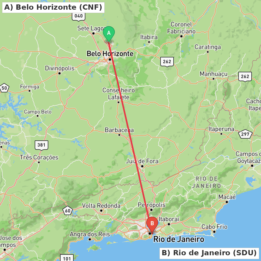 Flight route map from Belo Horizonte to Rio de Janeiro