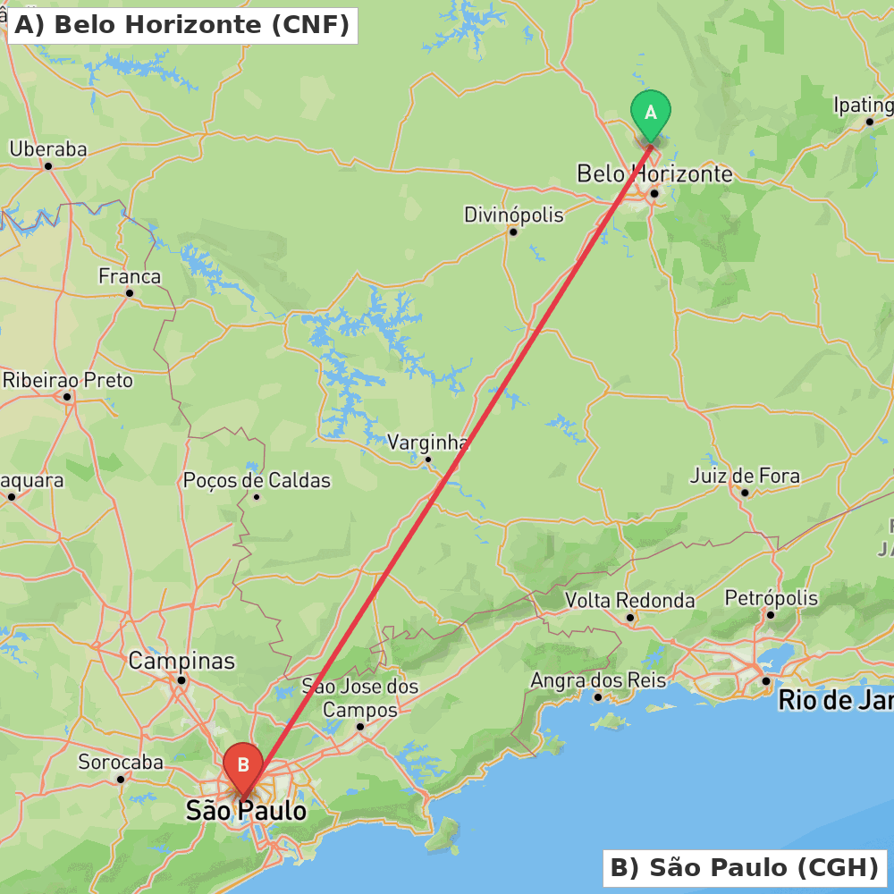 Flight route map from Belo Horizonte to São Paulo
