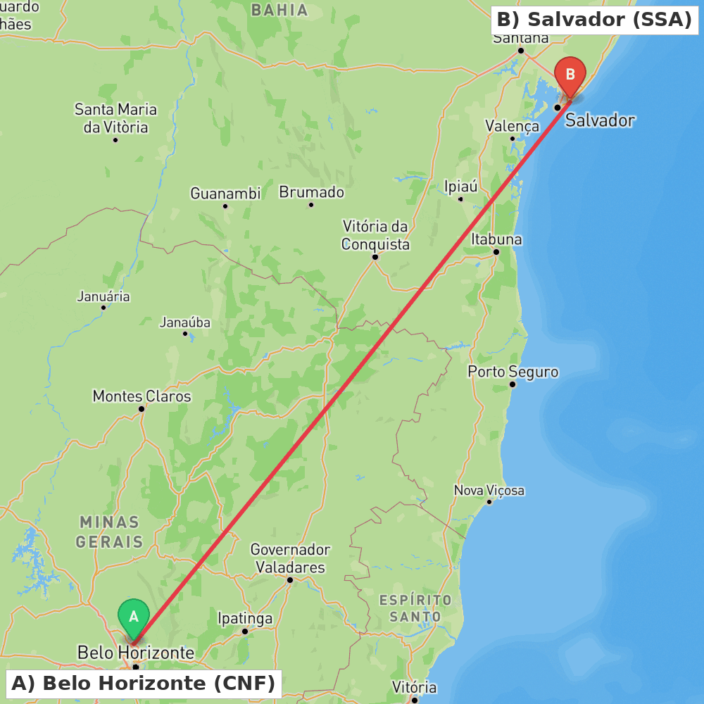 Flight route map from Belo Horizonte to Salvador
