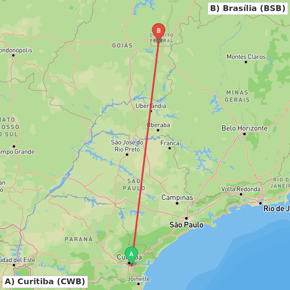 Flight route map from Curitiba to Brasília