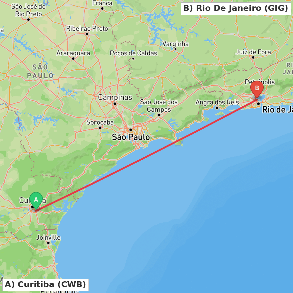 Flight route map from Curitiba to Rio De Janeiro