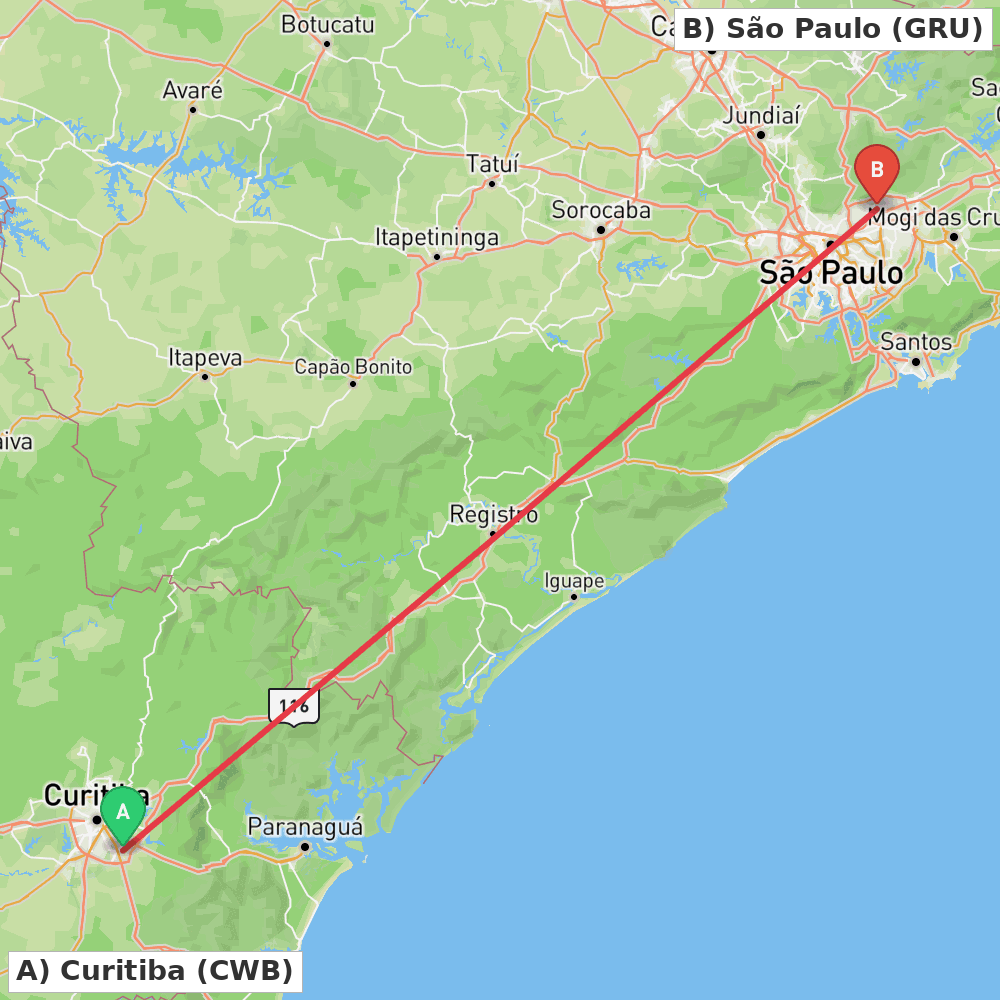 Flight route map from Curitiba to São Paulo