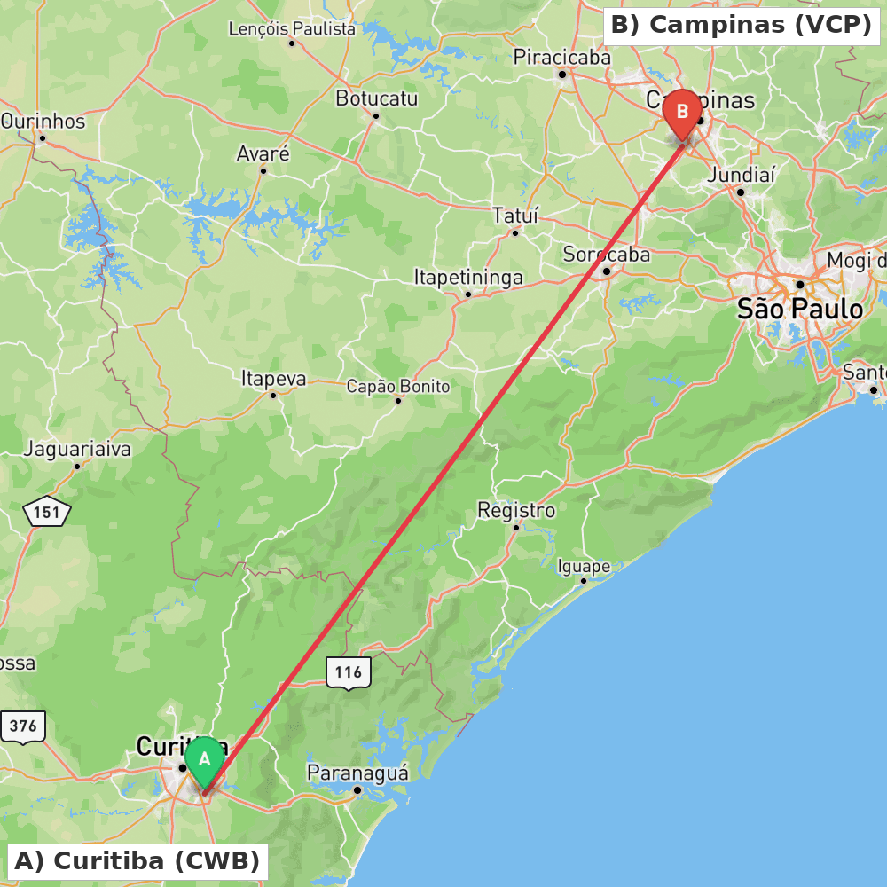 Flight route map from Curitiba to Campinas