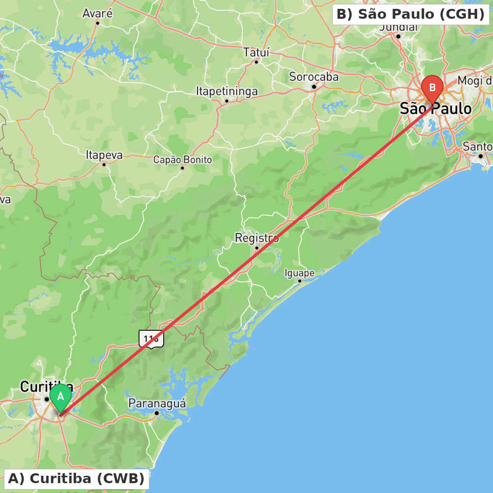 Flight route map from Curitiba to São Paulo