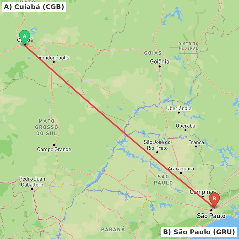 Flight route map from Cuiabá to São Paulo