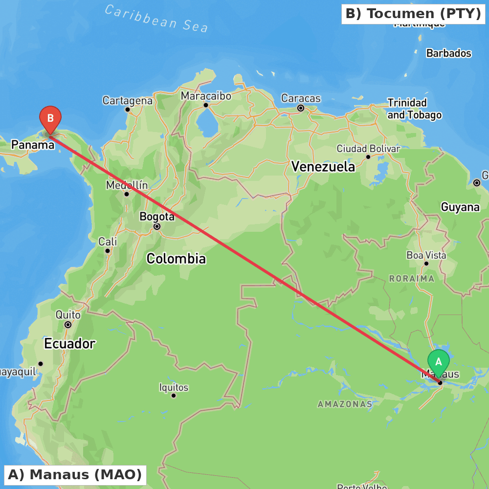 Flight route map from Manaus to Tocumen