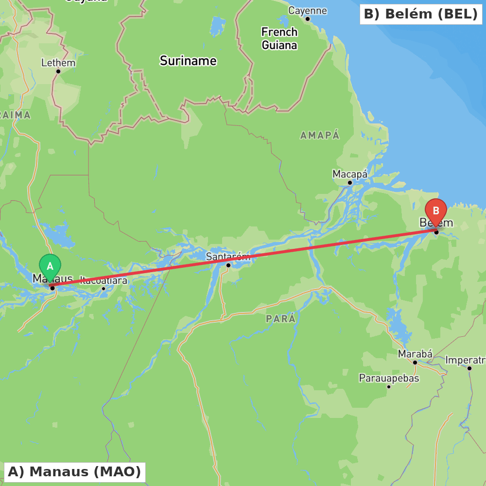 Flight route map from Manaus to Belém