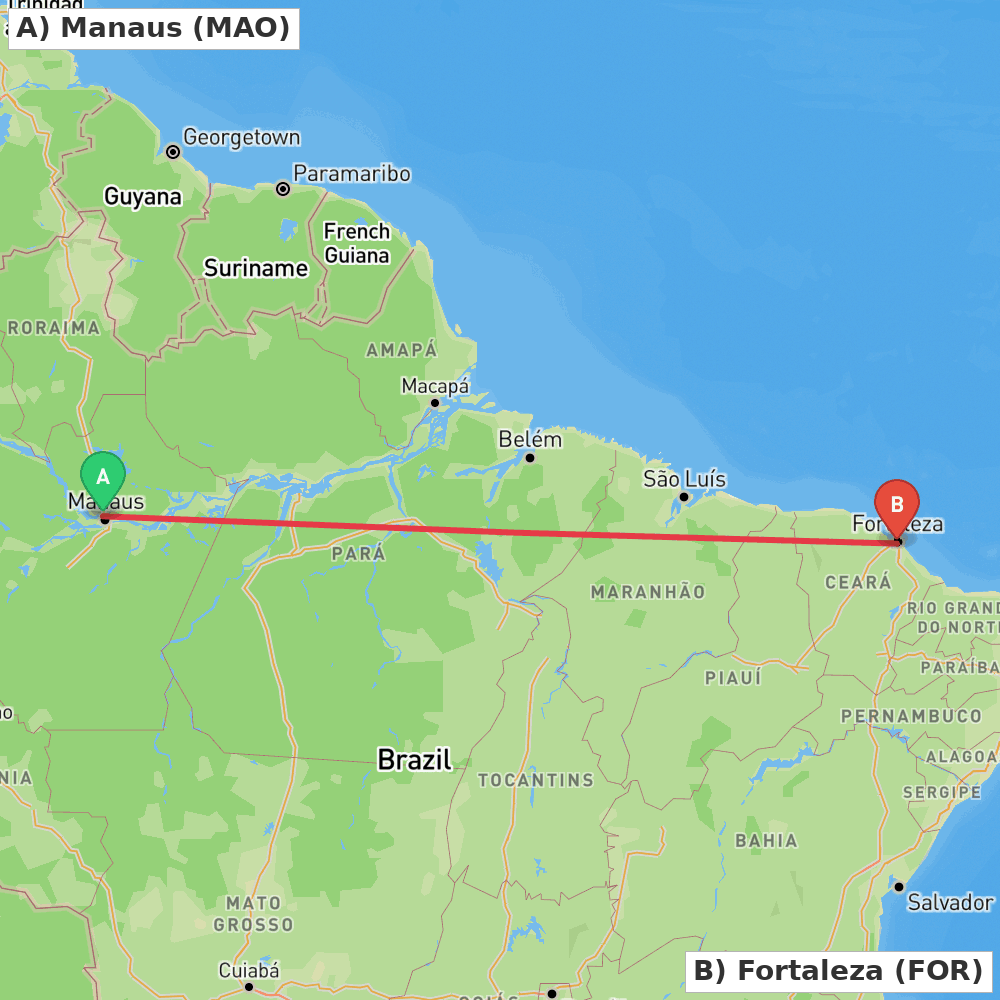 Flight route map from Manaus to Fortaleza