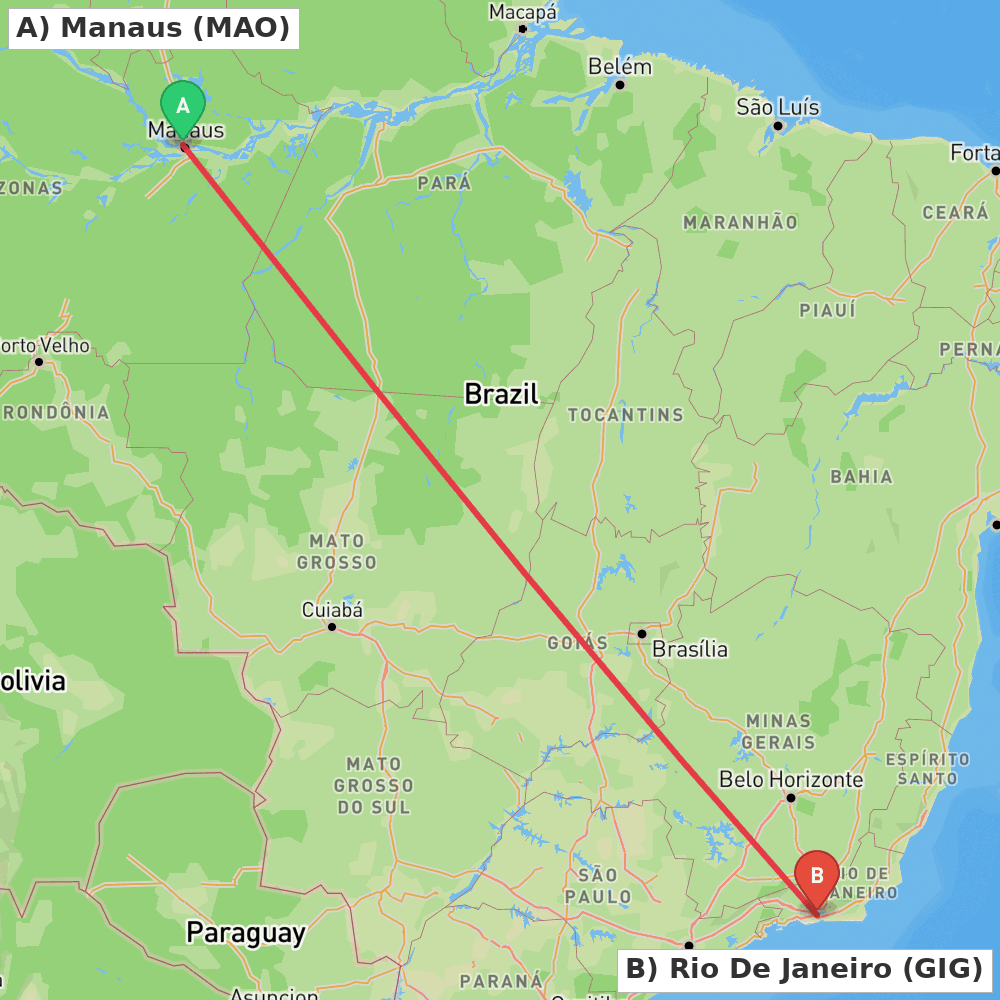 Flight route map from Manaus to Rio De Janeiro