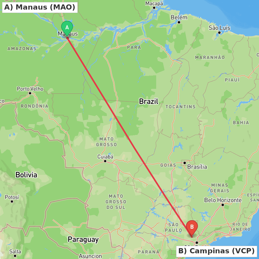 Flight route map from Manaus to Campinas