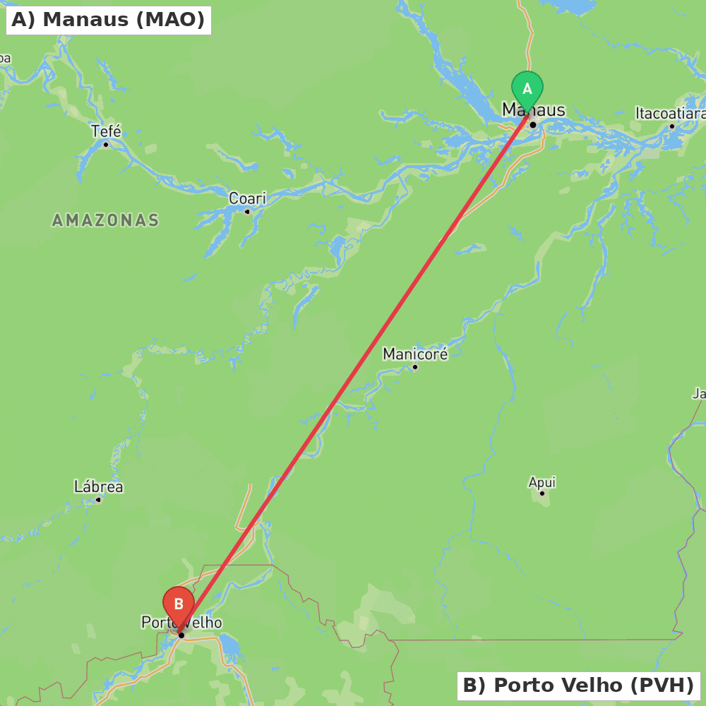 Flight route map from Manaus to Porto Velho