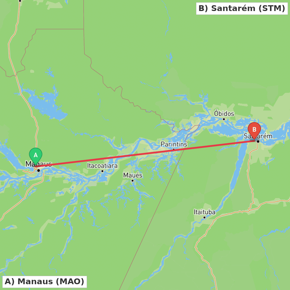 Flight route map from Manaus to Santarém