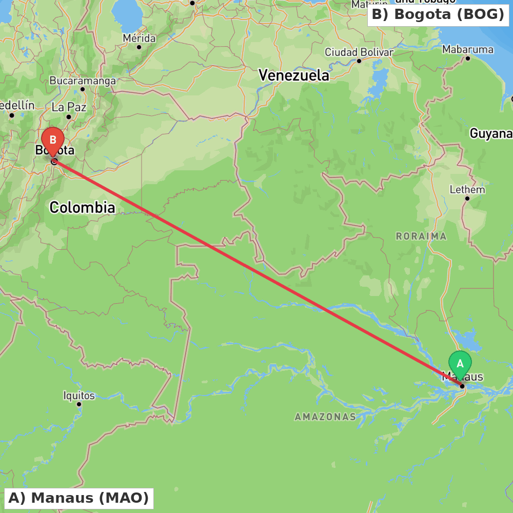 Flight route map from Manaus to Bogota