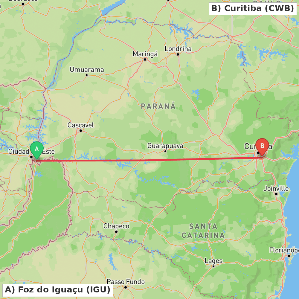 Flight route map from Foz do Iguaçu to Curitiba