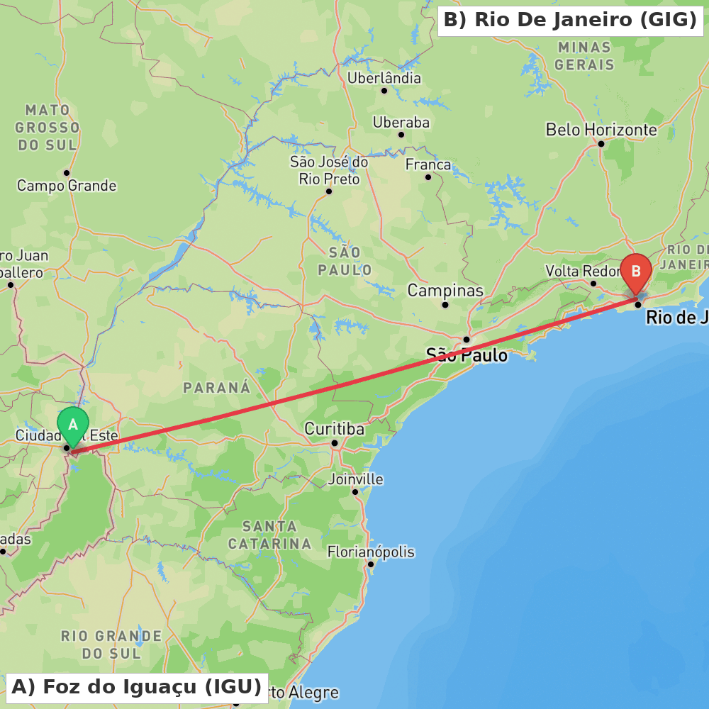 Flight route map from Foz do Iguaçu to Rio De Janeiro